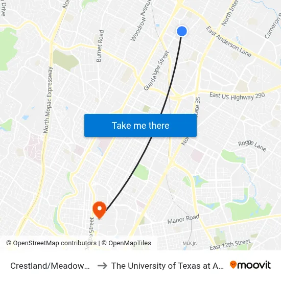 Crestland/Meadowview to The University of Texas at Austin map