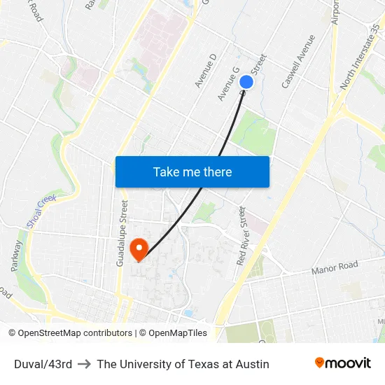 Duval/43rd to The University of Texas at Austin map