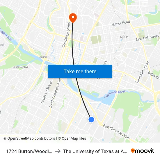 1724 Burton/Woodland to The University of Texas at Austin map
