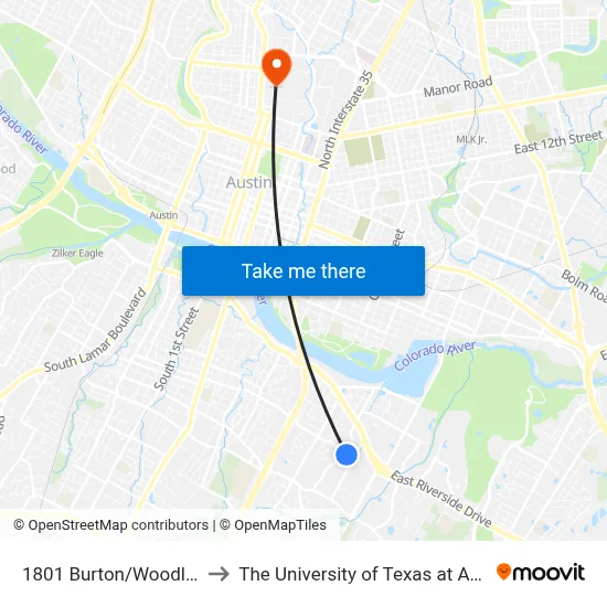 1801 Burton/Woodland to The University of Texas at Austin map