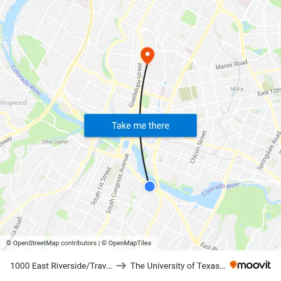1000 East Riverside/Travis Heights to The University of Texas at Austin map