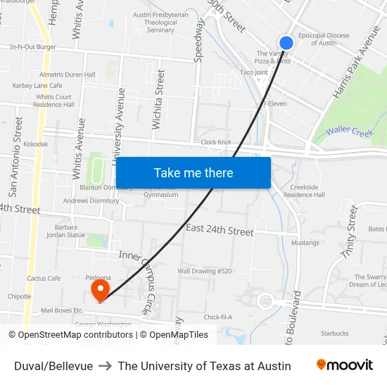 Duval/Bellevue to The University of Texas at Austin map