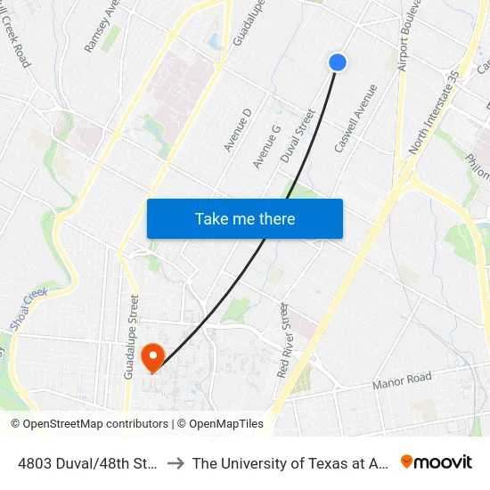 4803 Duval/48th Street to The University of Texas at Austin map