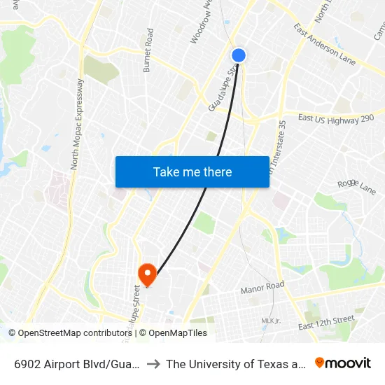 6902 Airport Blvd/Guadalupe to The University of Texas at Austin map