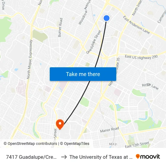 7417 Guadalupe/Crestland to The University of Texas at Austin map