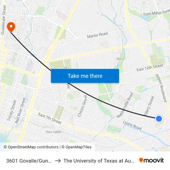 3601 Govalle/Gunter to The University of Texas at Austin map