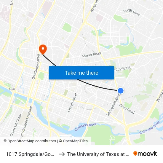 1017 Springdale/Goodwin to The University of Texas at Austin map