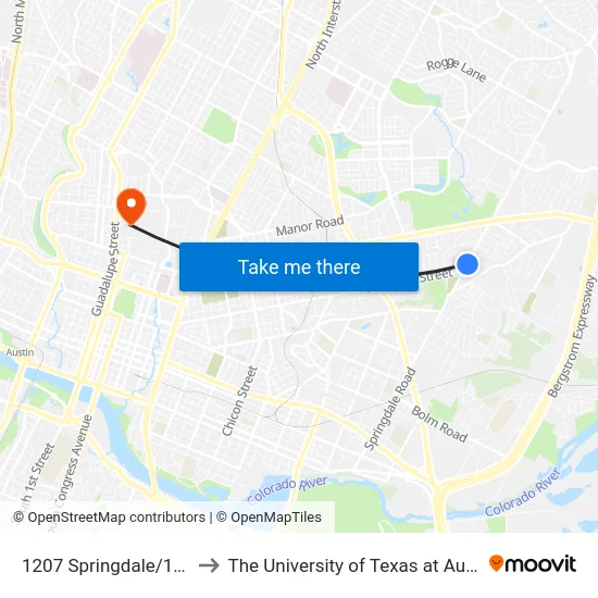 1207 Springdale/12th to The University of Texas at Austin map