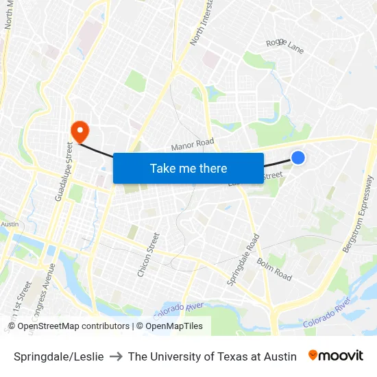 Springdale/Leslie to The University of Texas at Austin map
