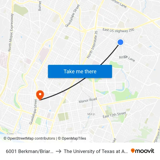 6001 Berkman/Briarcliff to The University of Texas at Austin map