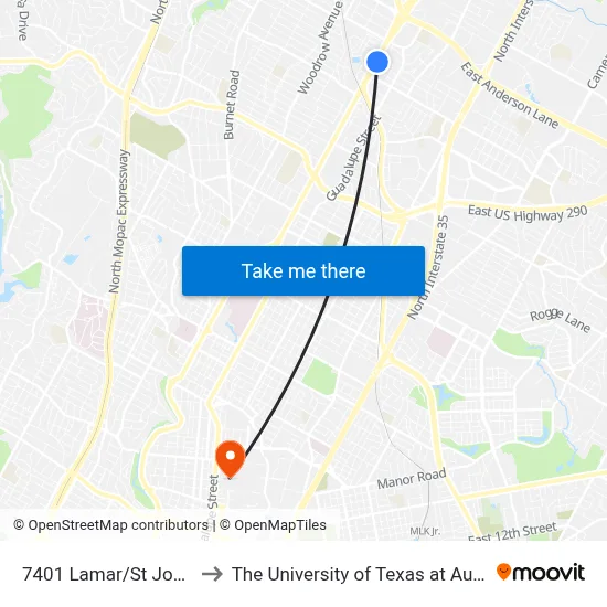 7401 Lamar/St Johns to The University of Texas at Austin map