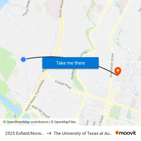 2525 Enfield/Norwalk to The University of Texas at Austin map