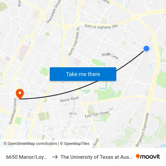 6650 Manor/Loyola to The University of Texas at Austin map