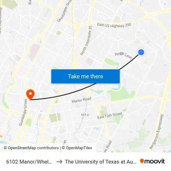 6102 Manor/Wheless to The University of Texas at Austin map