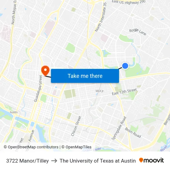 3722 Manor/Tilley to The University of Texas at Austin map