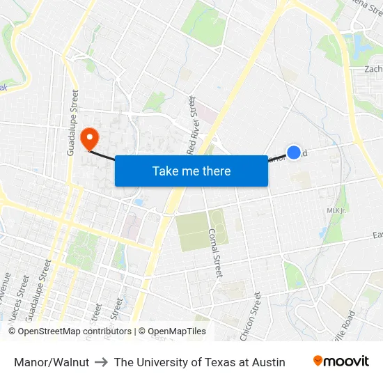 Manor/Walnut to The University of Texas at Austin map