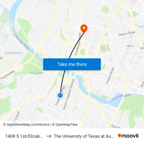 1408 S 1st/Elizabeth to The University of Texas at Austin map