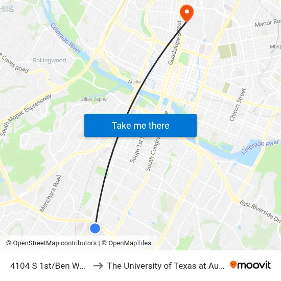 4104 S 1st/Ben White to The University of Texas at Austin map
