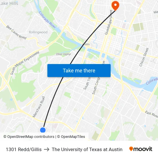 1301 Redd/Gillis to The University of Texas at Austin map