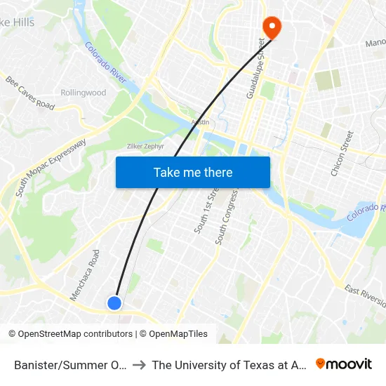 Banister/Summer Oaks to The University of Texas at Austin map