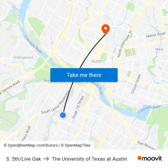 S. 5th/Live Oak to The University of Texas at Austin map