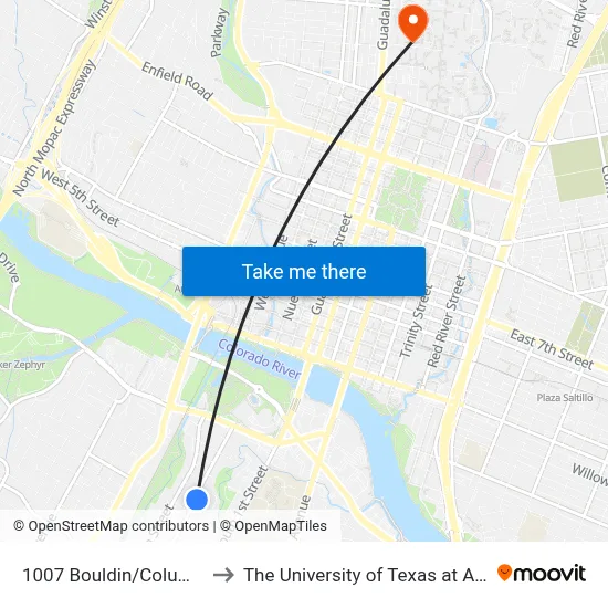 1007 Bouldin/Columbus to The University of Texas at Austin map