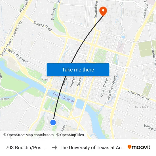 703 Bouldin/Post Oak to The University of Texas at Austin map