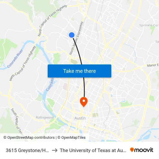3615 Greystone/Hart to The University of Texas at Austin map