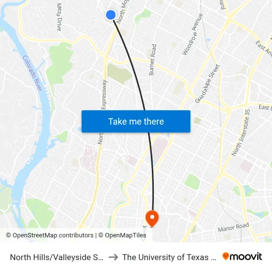 North Hills/Valleyside SE Corner to The University of Texas at Austin map