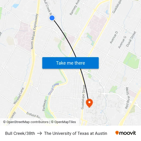 Bull Creek/38th to The University of Texas at Austin map