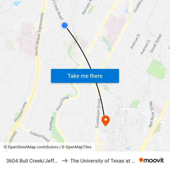 3604 Bull Creek/Jefferson to The University of Texas at Austin map