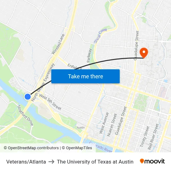 Veterans/Atlanta to The University of Texas at Austin map