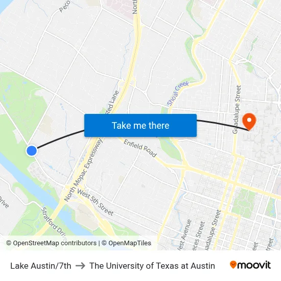 Lake Austin/7th to The University of Texas at Austin map