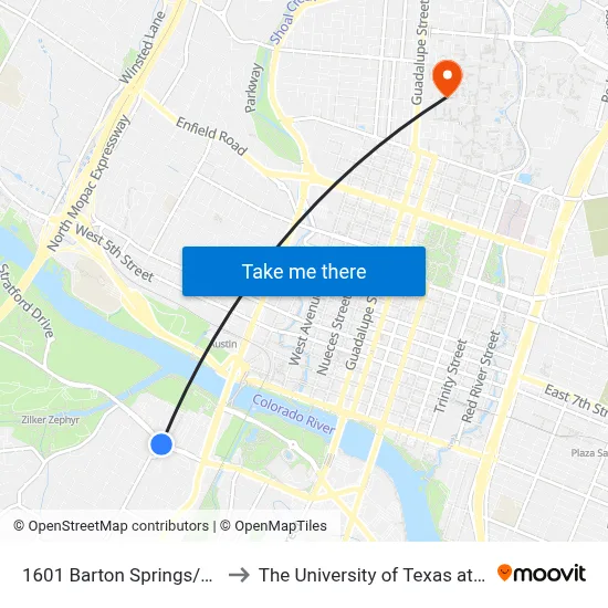 1601 Barton Springs/Kinney to The University of Texas at Austin map