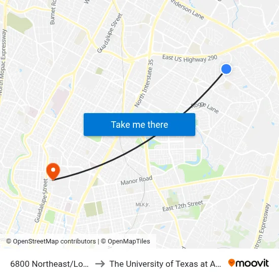 6800 Northeast/Loyola to The University of Texas at Austin map