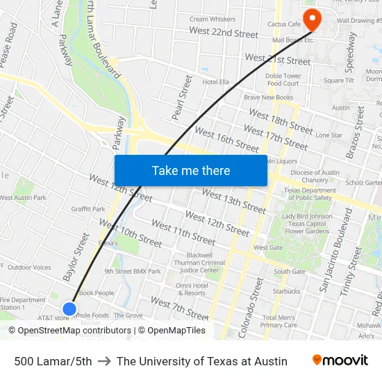 500 Lamar/5th to The University of Texas at Austin map