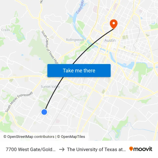 7700 West Gate/Goldbridge to The University of Texas at Austin map