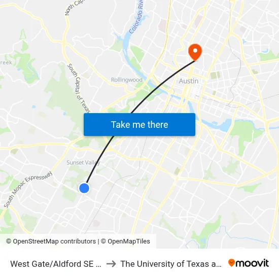 West Gate/Aldford SE Corner to The University of Texas at Austin map