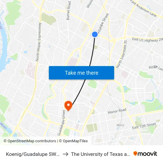 Koenig/Guadalupe SW Corner to The University of Texas at Austin map
