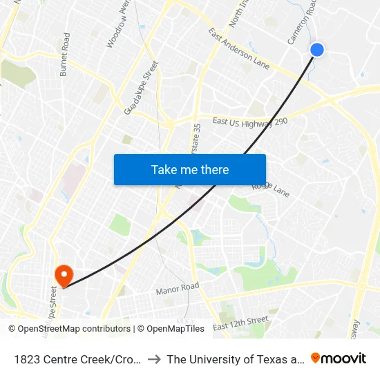 1823 Centre Creek/Cross Park to The University of Texas at Austin map