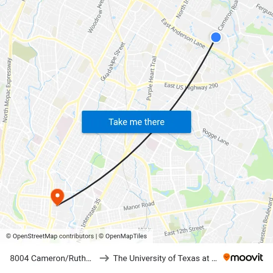 8004 Cameron/Rutherford to The University of Texas at Austin map