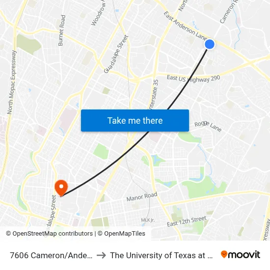7606 Cameron/Anderson to The University of Texas at Austin map