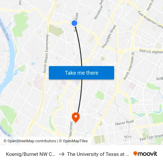 Koenig/Burnet NW Corner to The University of Texas at Austin map