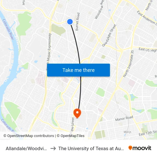 Allandale/Woodview to The University of Texas at Austin map