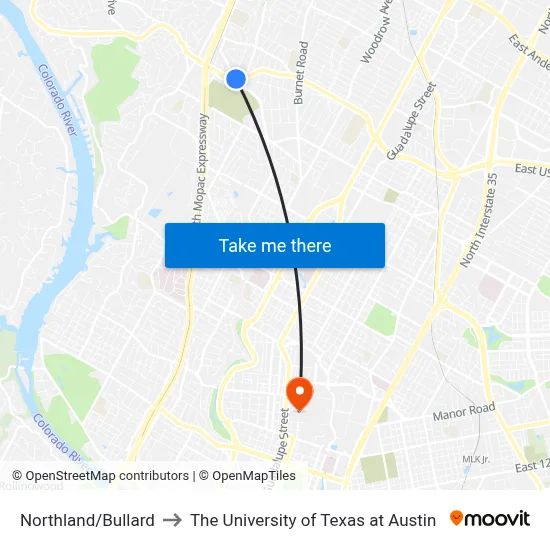 Northland/Bullard to The University of Texas at Austin map