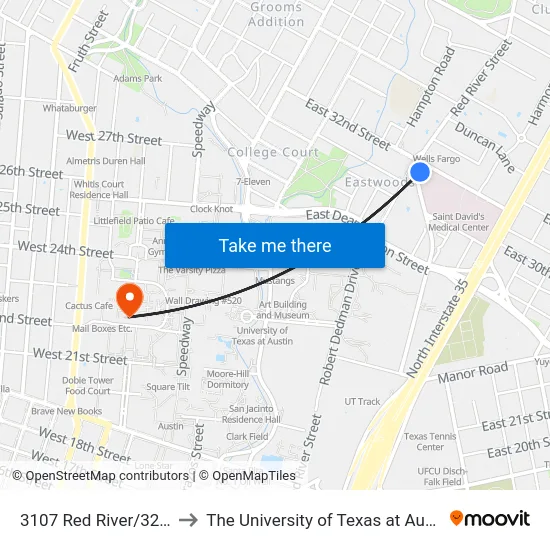 3107 Red River/32nd to The University of Texas at Austin map