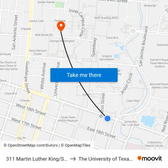 311 Martin Luther King/San Jacinto to The University of Texas at Austin map