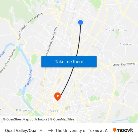 Quail Valley/Quail Hutch to The University of Texas at Austin map