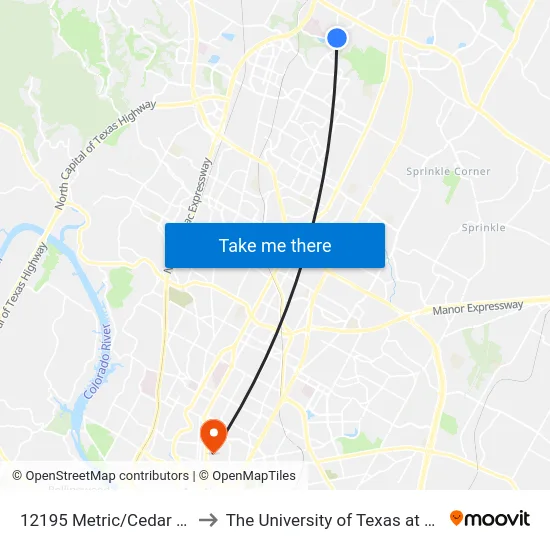 12195 Metric/Cedar Bend to The University of Texas at Austin map
