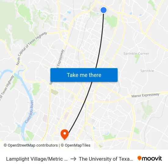 Lamplight Village/Metric NW Corner to The University of Texas at Austin map